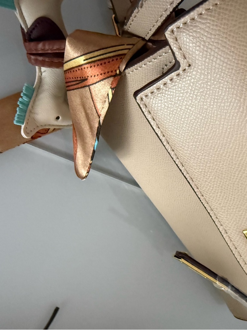 Beige Women’s Structured Tote Bag with Scarf Accent - Picture 3 of 5